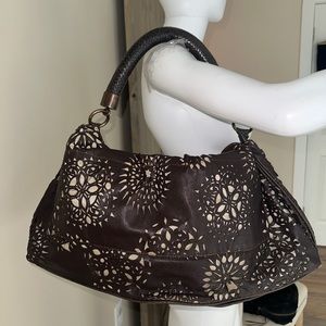 Gorgeous vintage R&Y Augousti brown laser cut leather braided bronze
